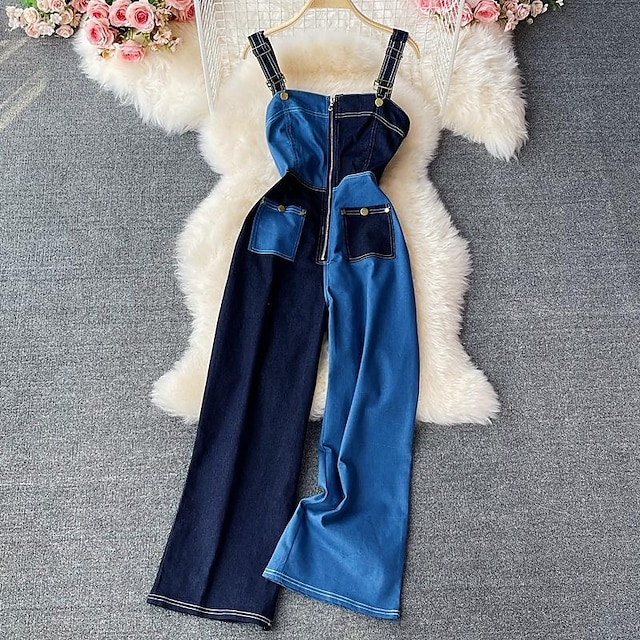  denim jumpsuit women's summer new hong kong style chic strap with a word collar waist-contrast color all-match wide-leg pants jumpsuit