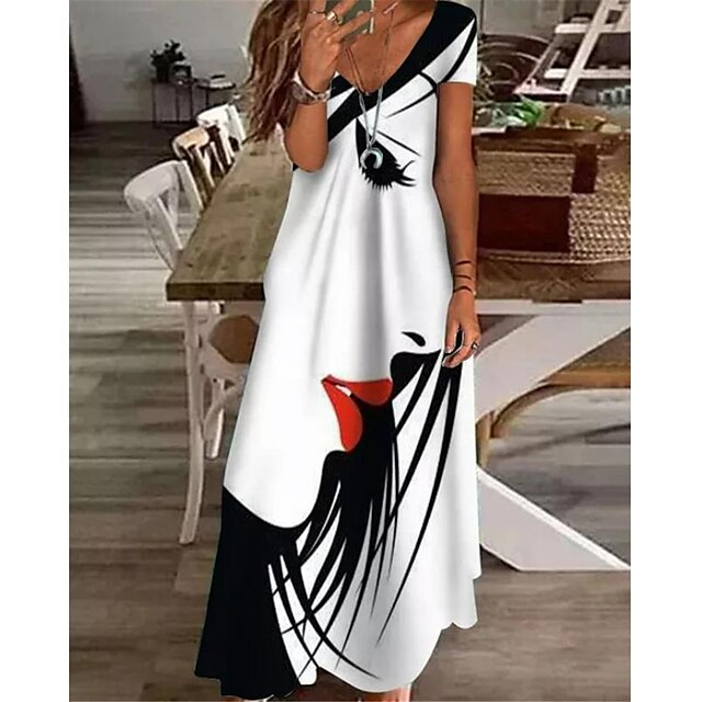  Femme robe longue Robe casual Robe Droite Blanche Abstrait Manche Courte Eté Printemps Poche Vacances Col V 2023 S M L XL XXL 3XL
