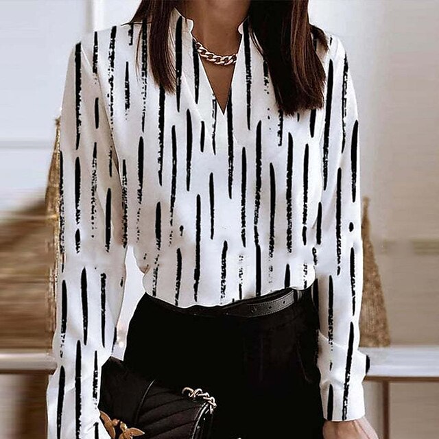  Women's Shirt Blouse White Print Striped Daily Weekend Long Sleeve V Neck Streetwear Casual Regular S