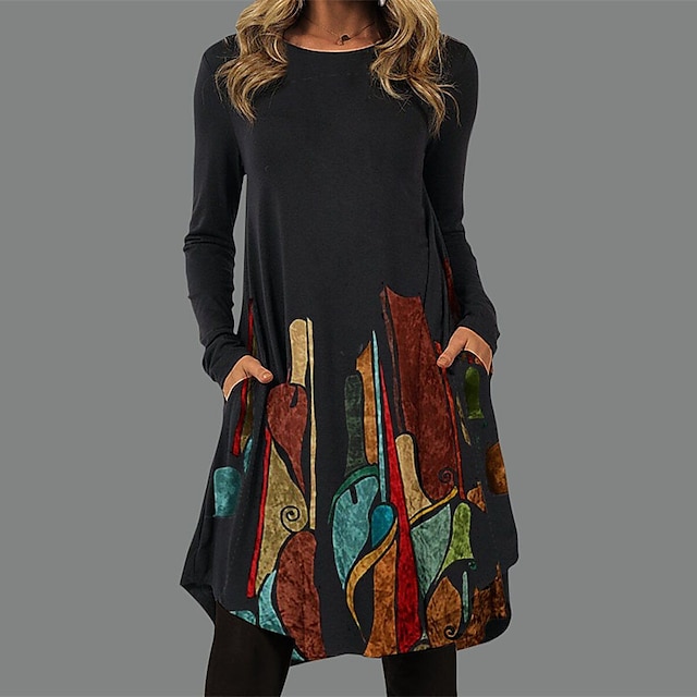  Damen Casual kleid Sweatkleid Farbblock Bedruckt Rundhalsausschnitt Minikleid Basic Täglich Urlaub Langarm Frühling Herbst