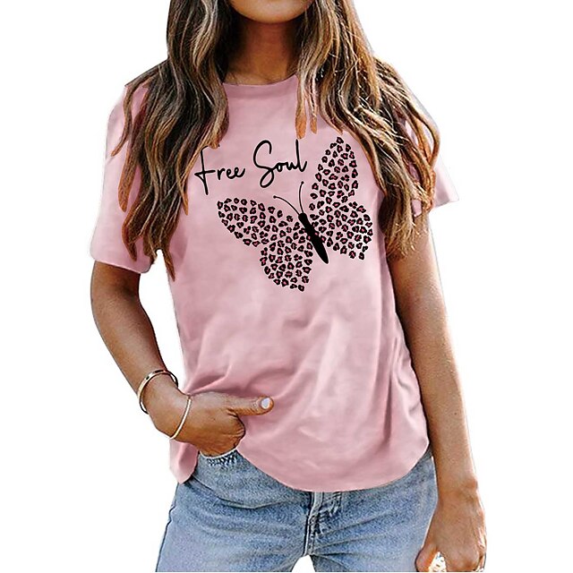  Women's T shirt Tee Basic Print Basic Butterfly T-shirt Sleeve Round Neck Summer Standard pea green White Pink Dark Pink Dark Green
