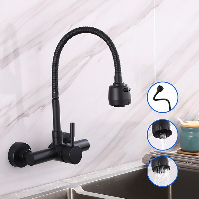  Single Handle Silver Kitchen Faucet Rotatable Wall Mounted 2-hole Standard Spout Stainless Steel Faucet Body with Hot and Cold Water