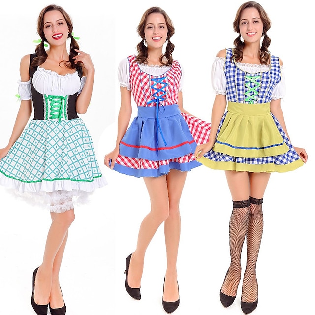  Oktoberfest Beer International Beer Festival Dirndl Trachtenkleider Skirts Top Women's Bavarian Costume Retro Red Blue White