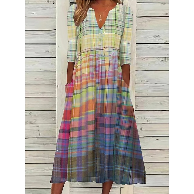  Women's Midi Dress A Line Dress Rainbow Half Sleeve Ruched Print Color Block V Neck Fall Spring Stylish Elegant 2022 S M L XL XXL 3XL
