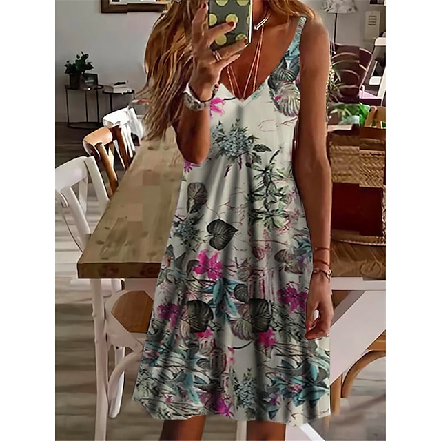  Mujer Mini vestido corto Vestido de cambio Vestido informal Beige Sin Mangas Estampado Floral Correa de espagueti Primavera Verano Casual Vacaciones 2022 S M L XL XXL 3XL