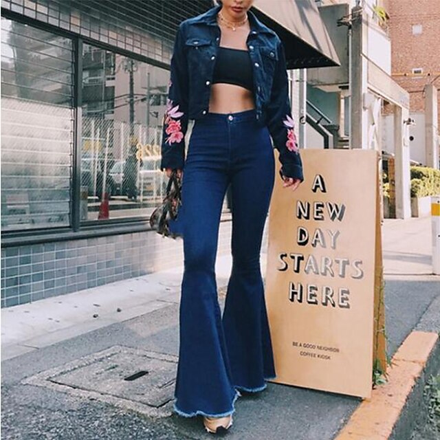  Women's Jeans Flared Pants Bell Bottom Pants Trousers Denim Dark Blue Light Blue Basic Trousers Mid Waist Work Daily Full Length Micro-elastic Solid Color Outdoor S M L XL XXL