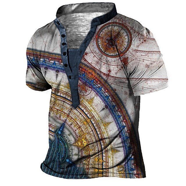  Men's T shirt Tee Henley Shirt Tee Stand Collar Graphic Compass Gray 3D Print Short Sleeve Plus Size Button-Down Print Outdoor Daily Tops Basic Designer Casual Big and Tall / Summer / Summer / Sports