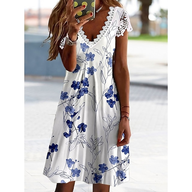  Damen Casual kleid Minikleid Weiß Blumen Kurzarm Frühling Sommer Rüschen Elegant V Ausschnitt 2023 S M L XL XXL 3XL