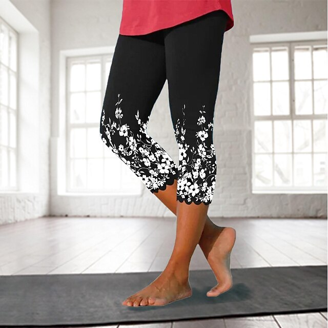  Mujer Pantalones de yoga Control de barriga Levantamiento de tope Secado rápido Yoga Aptitud física Entrenamiento de gimnasio Alta cintura Flores Graphic Leggings Capri Prendas de abajo Blanco Negro