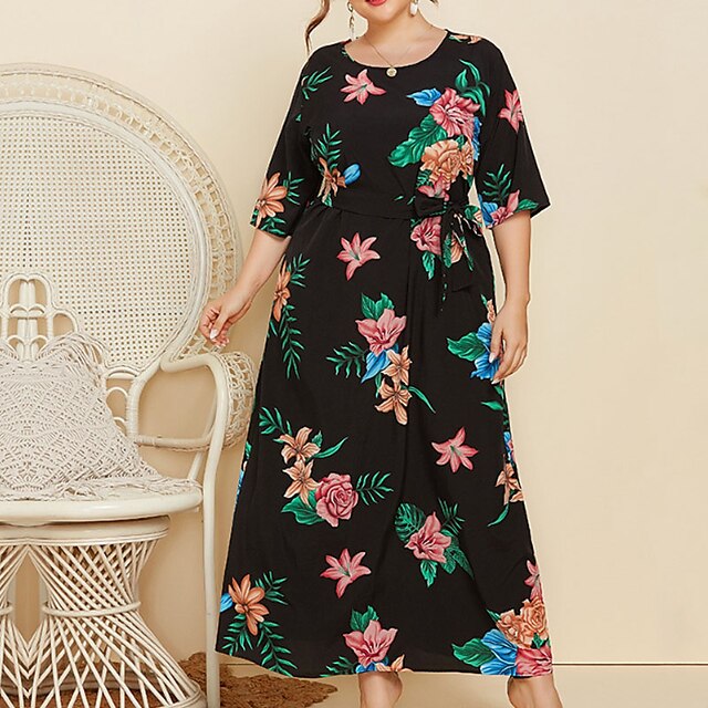  Women's Plus Size Floral Holiday Dress Print Crew Neck Half Sleeve Casual Spring Summer Causal Daily Maxi long Dress Dress