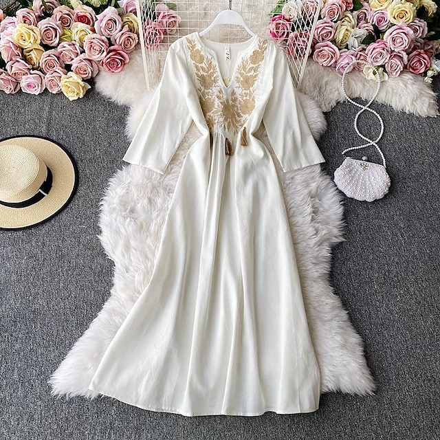  cotton and linen ethnic style v-neck dress embroidered tassel travel skirt super fairy bohemian retro big swing dress