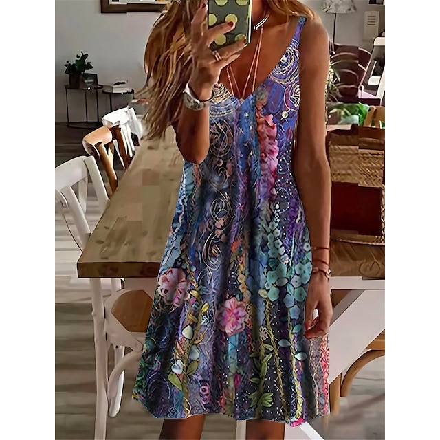  Femme Mini robe Robe casual Robe Droite Robe à enfiler Violet Floral Sans Manches Eté Printemps Imprimer Vacances Bretelles Fines 2023 S M L XL XXL 3XL