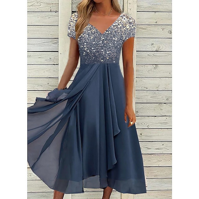  kvinders en linje kjole chiffon kjole midikjole marineblå kortærmet farve gradient patchwork forår sommer v hals stilfuld elegant fest 2023 s m l xl xxl 3xl / festkjole