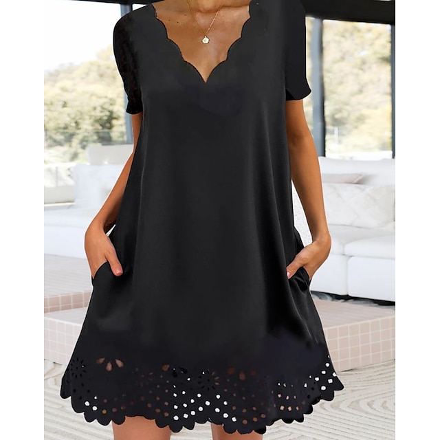  Women's Mini Dress Casual Dress Summer Dress Black Pure Color Short Sleeve Summer Spring Lace Fashion Scalloped Neck Vacation 2023 S M L XL XXL 3XL