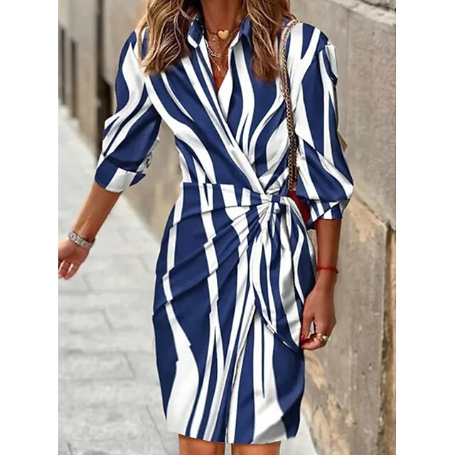  Mini robe Robe casual Femme Automne Printemps Manches 3/4 - Fendu Imprimer mode Casual Moderne Ligne Col de Chemise 2023 Bleu S M L XL 2XL 3XL