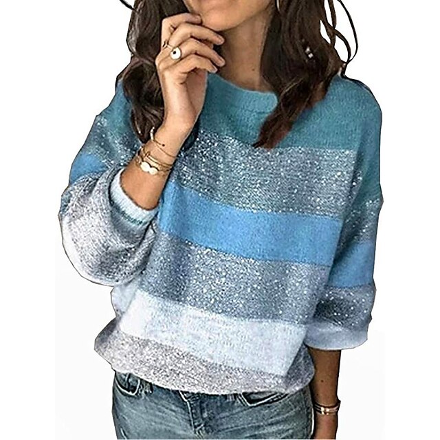  Women's Pullover Sweater Jumper Jumper Knit Patchwork Knitted Striped Turtleneck Stylish Casual Outdoor Daily Fall Winter Blue Green S M L