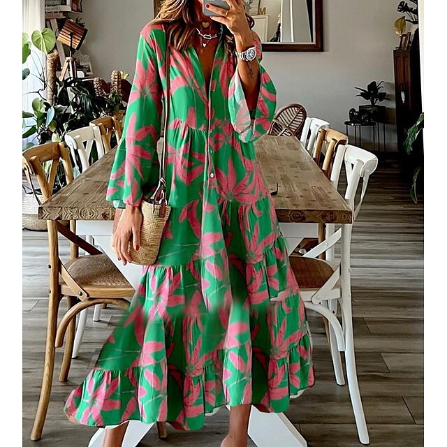  Women's Print Swing Midi Dress Green