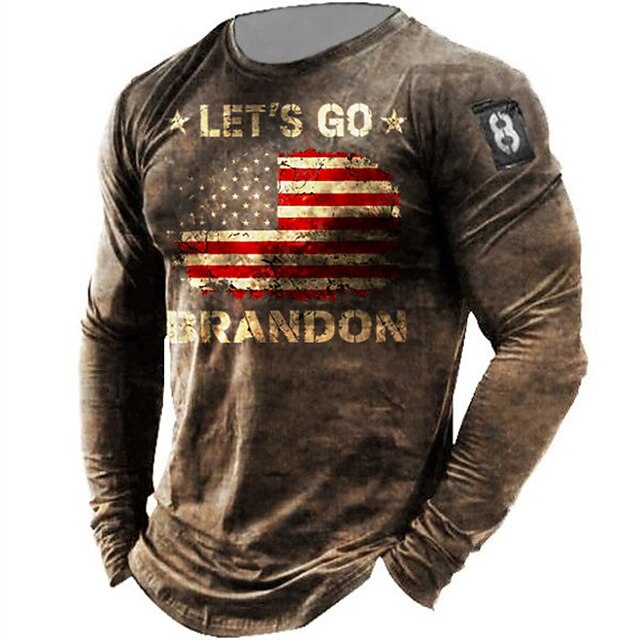  Men's T shirt Tee Graphic Prints American Flag Crew Neck Blue Brown Green Outdoor Street Long Sleeve Print Clothing Apparel Fashion Breathable Comfortable Big and Tall