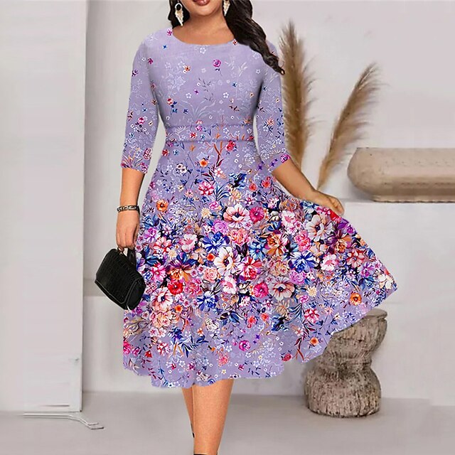  Women's Plus Size Floral Holiday Dress Print Crew Neck 3/4 Length Sleeve Work Spring Summer Daily Vacation Midi Dress Dress
