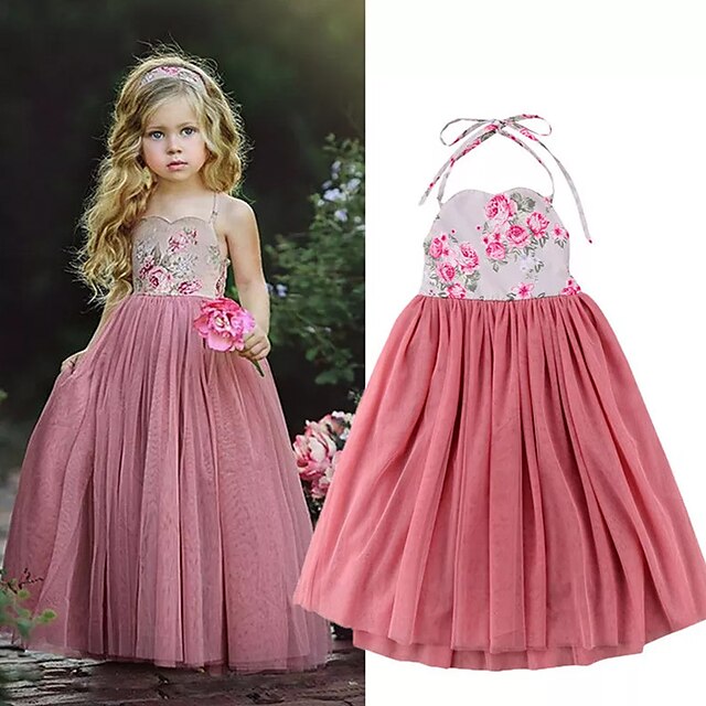  Kids Girls' Dress Floral Sleeveless Tutu Dresses Mesh Print Basic Tutus & Skirts 90% Cotton Maxi Summer 3-10 Years Pink