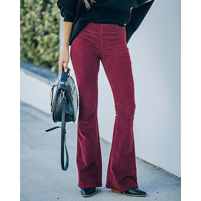 Jeans femininos bootcut flare comprimento total veludo micro-elástico cintura média moda festa natal vinho vermelho s m