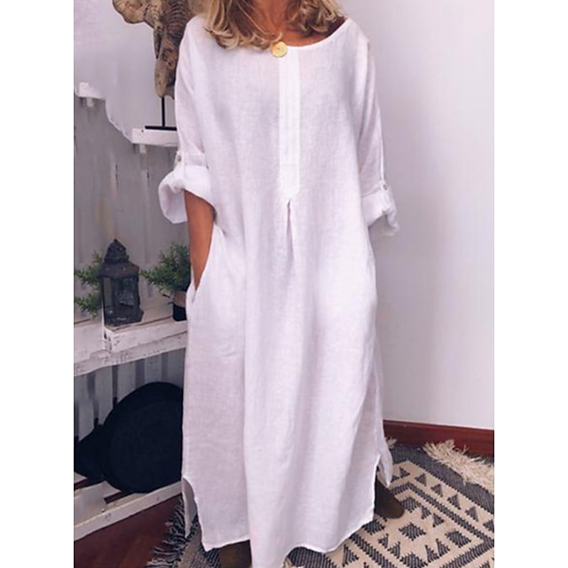  Women's White Linen Cotton Maxi Shift Dress
