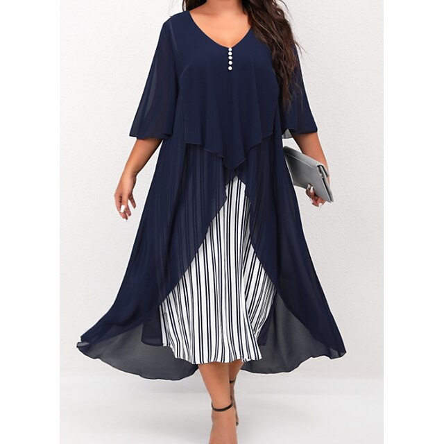  Women's Plus Size Striped Holiday Dress Ruched V Neck 3/4 Length Sleeve Casual Spring Fall Date Vacation Midi Dress Dress / Layered / Slim / Print