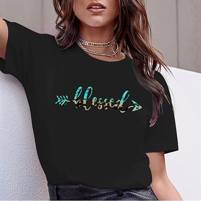  Women's T shirt Tee Green Pink Yellow Print Graphic Letter Daily Going out Short Sleeve Round Neck Basic 100% Cotton Regular S