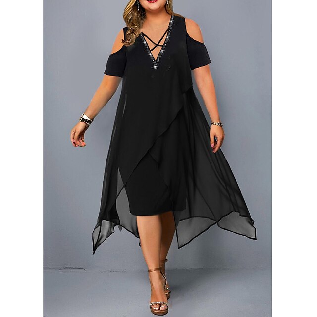  Women's Plus Size Solid Color A Line Dress Ruched V Neck Short Sleeve Basic Casual Sexy Spring Summer Daily Weekend Midi Dress Dress / Mesh