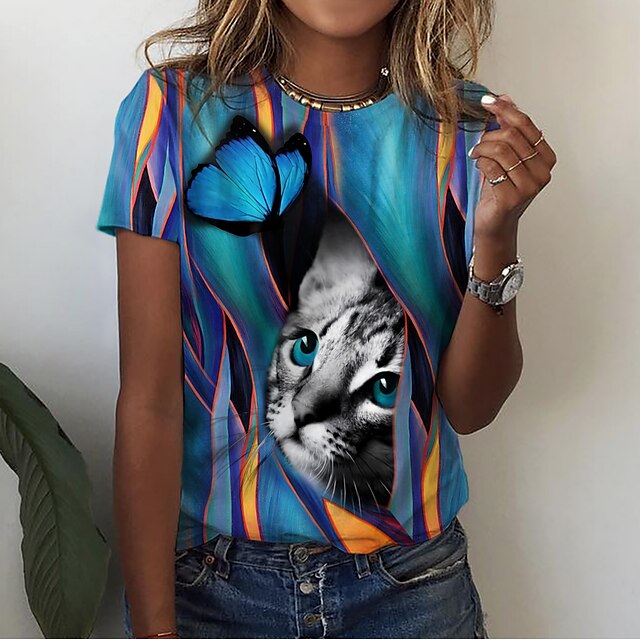  Damen T Shirt Blau Bedruckt Katze Schmetterling Casual Wochenende Kurzarm Rundhalsausschnitt Basic Standard Schmetterling 3D Cat Farbe S