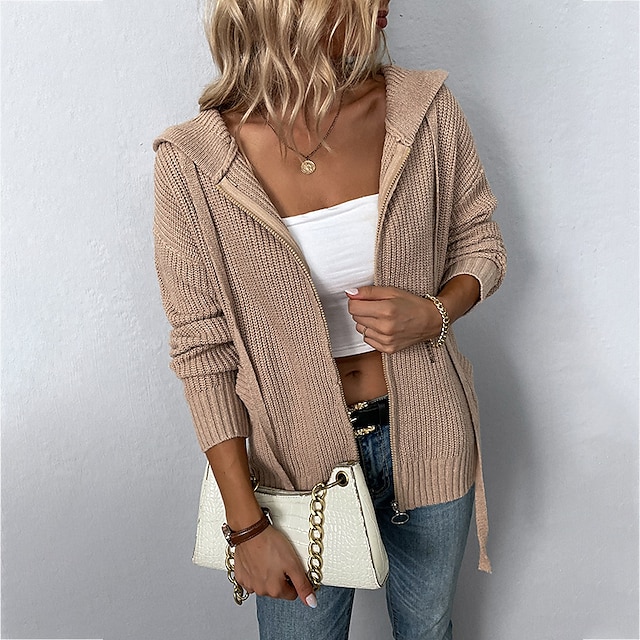  Women's Cardigan Sweater Hooded Crochet Knit Polyester Knitted Fall Winter Outdoor Home Daily Stylish Casual Soft Long Sleeve Pure Color Pink Blue Khaki S M L