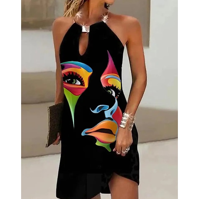  Mini robe Femme Robe Droite Sans Manches Eté Printemps - Mode Moderne Imprimer Abstrait Dos nu Vacances Robe d'été Robe de printemps 2023 Noir S M L XL 2XL 3XL