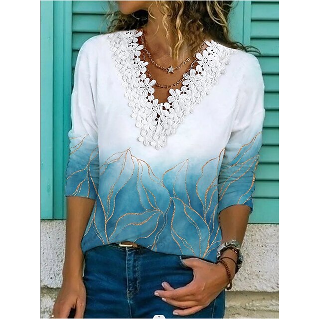  Women's T shirt Tee White Patchwork Lace Trims Leaf Casual Daily Long Sleeve V Neck Basic Regular S / 3D Print / Print