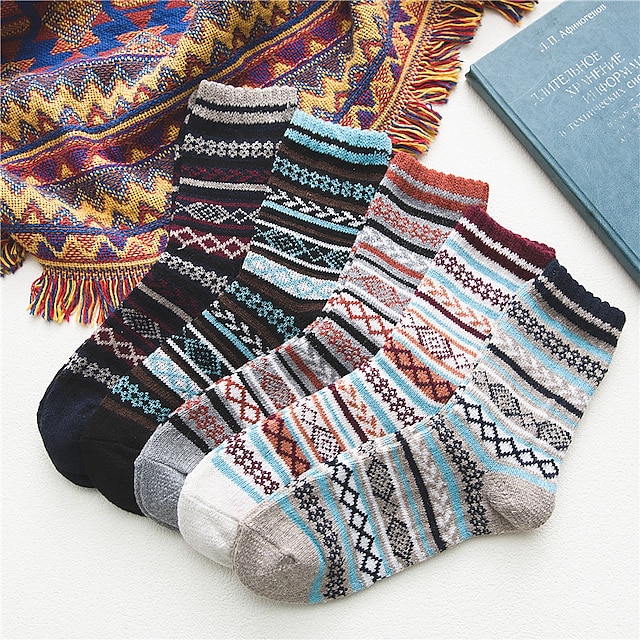  5 Paare Herren Crew Socken Casual Gemischte Farbe Geschenk Täglich Kariert / Gingham Geometrisch Warm