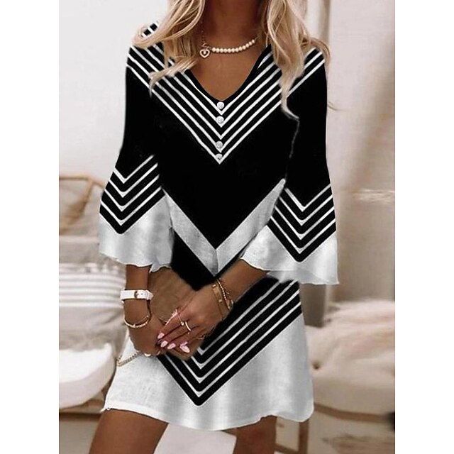  Women's Casual Dress Mini Dress Black Color Block 3/4 Length Sleeve Summer Spring Patchwork Fashion V Neck 2023 S M L XL 2XL 3XL