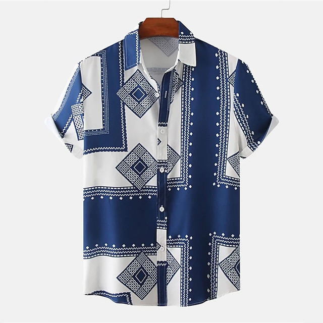  Men's Shirt Graphic Shirt Turndown Geometric Vintage Blue Print Street Daily Button-Down Print Clothing Apparel Fashion Designer Casual Breathable / Short Sleeve / Short Sleeve