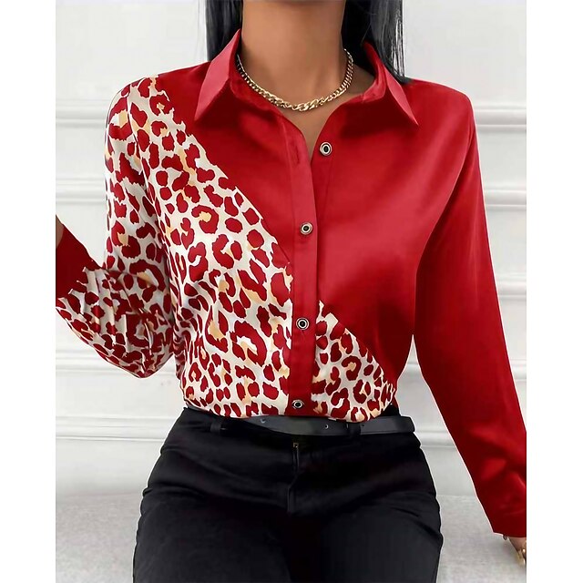  Dame Skjorte Bluse Sort Rød Blå Knap Trykt mønster Leopard Arbejde Langærmet Krave Gade Afslappet Normal S