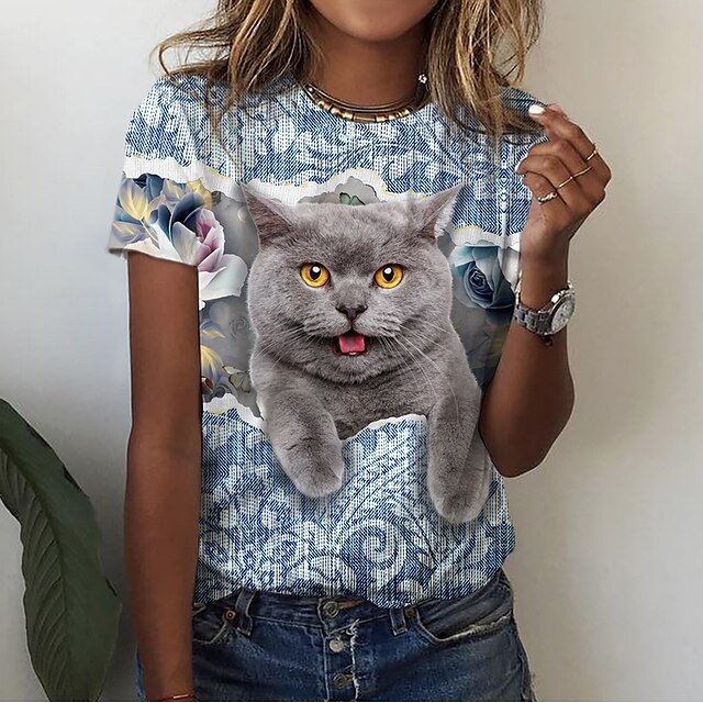  Dame T-shirt Grøn Blå Lilla Trykt mønster Kat 3D Afslappet Weekend Kortærmet Rund hals Basale Normal 3D kat Maleri S