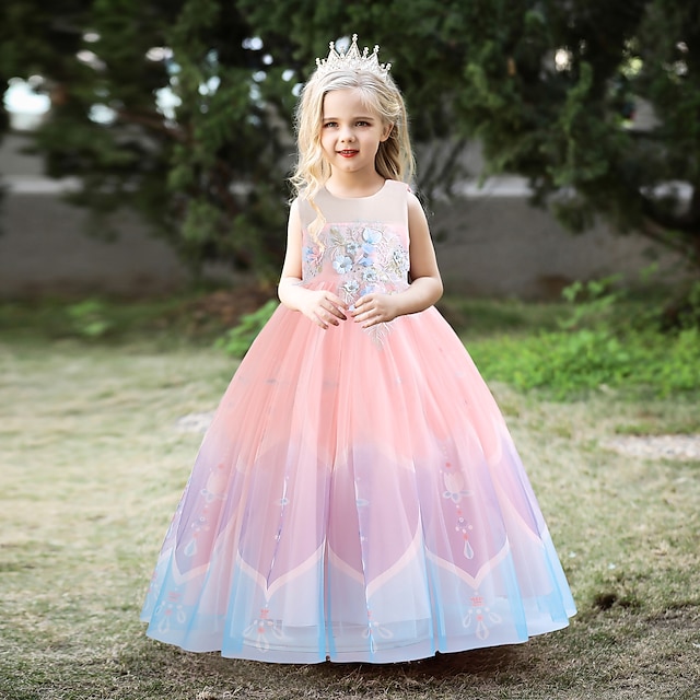  Kids Girls' Gradient Rainbow Flower Tulle Dress Party Birthday Party Layered Mesh White Maxi Sleeveless Princess Cute Dresses Children's Day All Seasons 3-12 Years