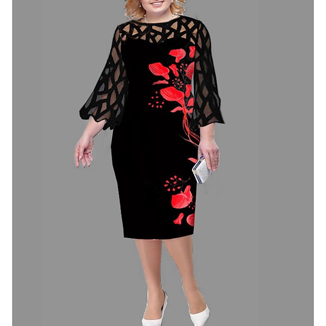  Women's Plus Size Floral Sheath Dress Lace Round Neck 3/4 Length Sleeve Casual Spring Summer Daily Holiday Knee Length Dress Dress / Print