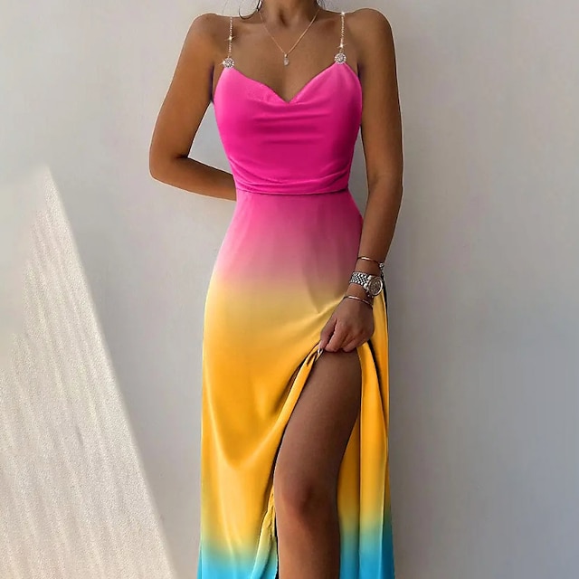  Women's Party Dress Slip Dress Midi Dress Yellow Blue Light Blue Color Gradient Sleeveless Spring Summer Backless Party Spaghetti Strap Loose Fit Party 2023 S M L XL