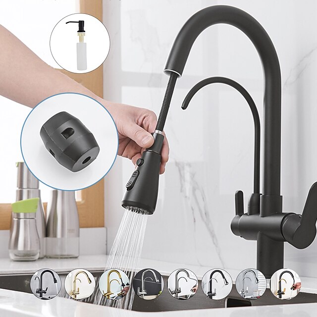  Deck Mounted Black Kitchen Faucets Pull Out Adjustable Cold and Hot Water Filter Tap for Kitchen Three Ways Sink Mixer Kitchen Faucet Brass 