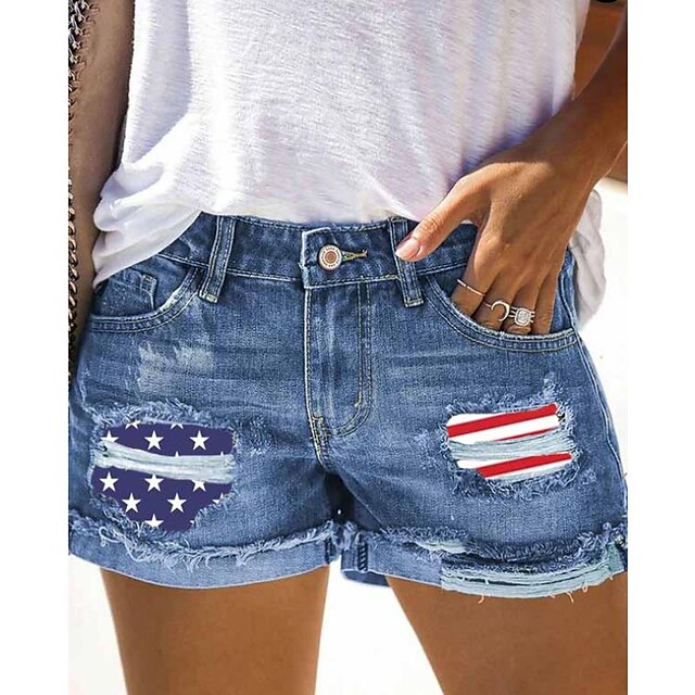  Women's Jeans Shorts Denim Blue Fashion Mid Waist Side Pockets Print Casual Weekend Short Micro-elastic American Flag Comfort S M L XL XXL