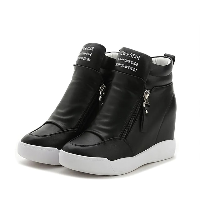  Women's Sneakers Height Increasing Shoes Platform Sneakers Wedge Sneakers Outdoor Daily Solid Colored Hidden Heel Round Toe Sporty Casual Walking PU Leather Zipper Black White