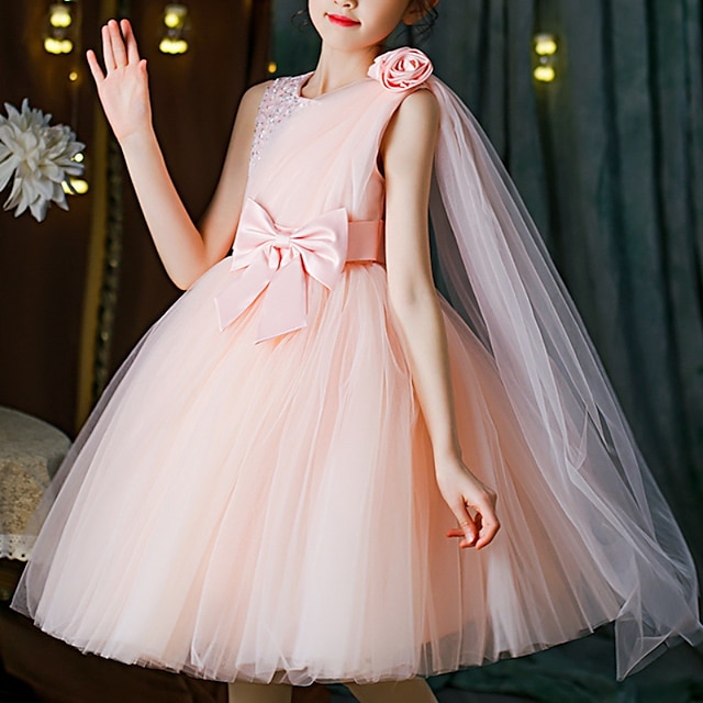 Kids Little Girls' Dress Solid Colored Party Performance A Line Dress White Pink Champagne Asymmetrical Cotton Sleeveless Princess Sweet Dresses Fall Winter Regular Fit 4-13 Years
