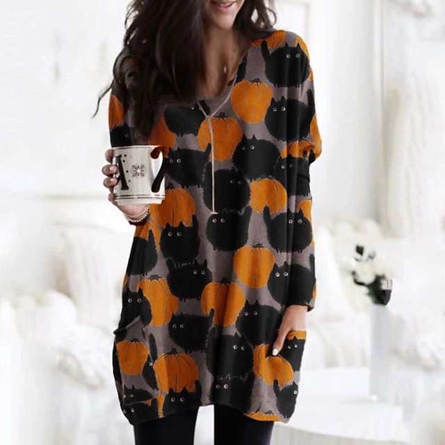  Dame Sweatshirt bluse Leopard Kat Græskar Halloween Weekend Lomme Trykt mønster 3D-udskrivning Aktiv Gade Lang Længde Tøj Hættetrøjer Sweatshirts Løstsiddende Hvid Grå