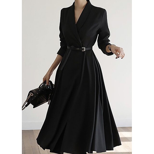 kvinders arbejdskjole blazer kjole og jakkesæt festkjole sort kjole midikjole sort langærmet ren farve med bælte vinter efterår forår skjortekrave mode bryllup vinter kjole kontor 2023