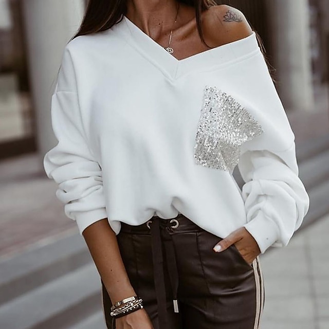  Dame Sweatshirt bluse Helfarve V-hals Afslappet Daglig Gade Afslappet Tøj Hættetrøjer Sweatshirts Hvid Sort