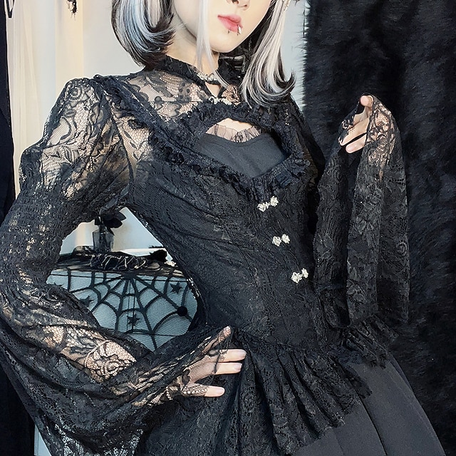  Goth Girl Retro Vintage Medieval Masquerade Women's Lace Costume Vintage Cosplay Long Sleeve Top Masquerade