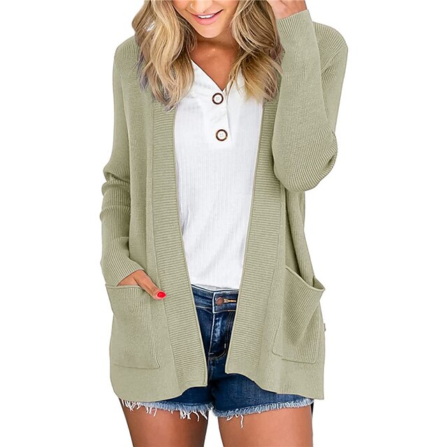  Women's Cardigan Sweater Jumper Ribbed Knit Pocket Knitted Open Front Pure Color Outdoor Daily Stylish Casual Winter Fall Light Green Beige S M L / Long Sleeve / Holiday / Regular Fit / Going out